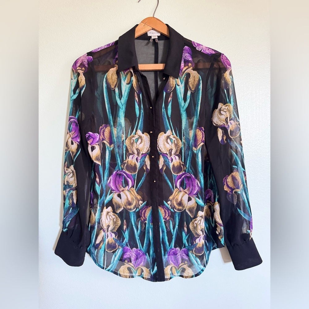 Dynamite Black Blouse with Purple and Gold Floral Design